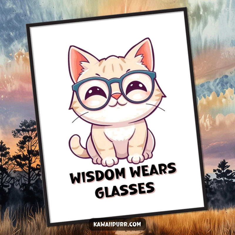 Funny kawaii cat wiggling ears, wearing oversized spectacles, displayed as a poster.