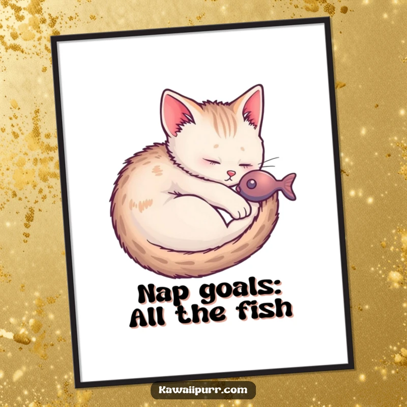 Funny Kitten Fish Dream Poster depicting a cute kitten peacefully sleeping and dreaming about fish.