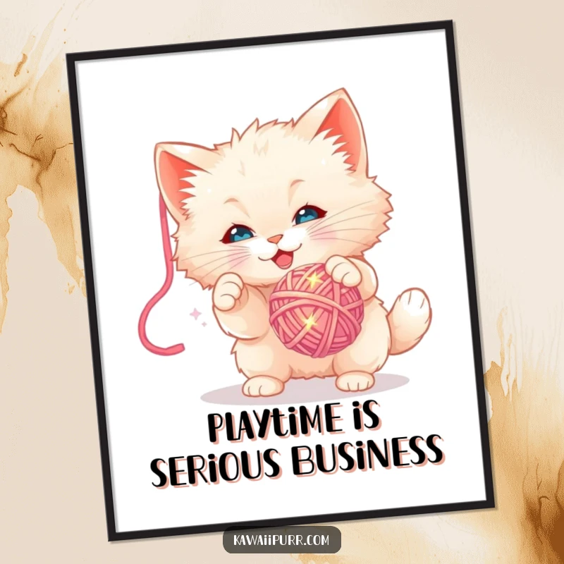 Funny Poster: Art print of a fluffy kitten character focused on batting a dangling, sparkly yarn ball, full of playful joy.