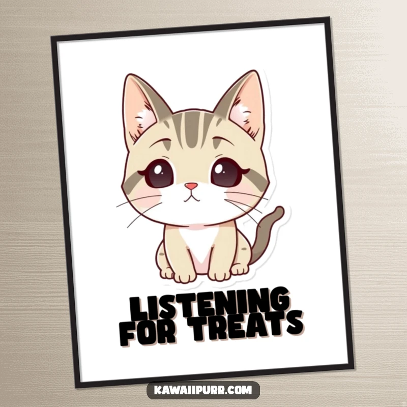 Funny poster print of a cartoon cat character with ears sharply perked, conveying intense focus and attentive listening.