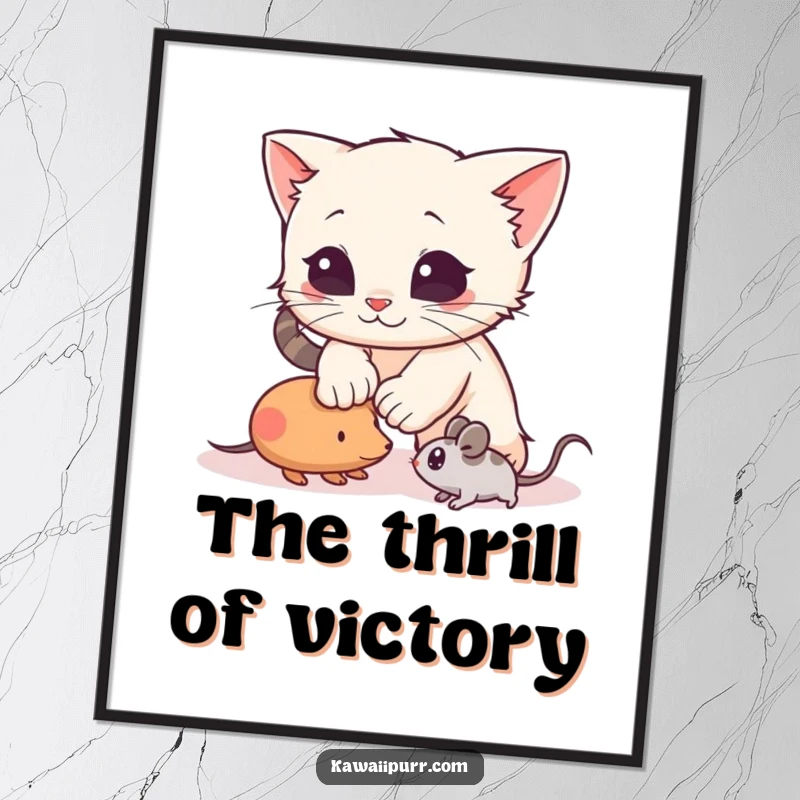 Funny Poster showcasing a kitten character in a thrilling mid-pounce on a toy mouse, capturing dynamic action and playful humor.