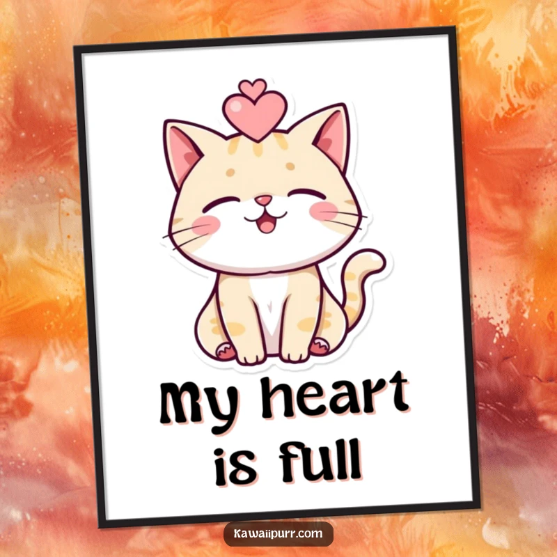 Funny cat poster illustrating a purring cat with a heart symbol hovering above its head, conveying warmth and affection.