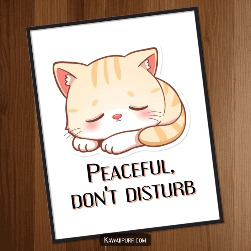 Funny poster print of a cartoon cat character deeply asleep, with a tiny, blissful smile, conveying ultimate peace and relaxation.