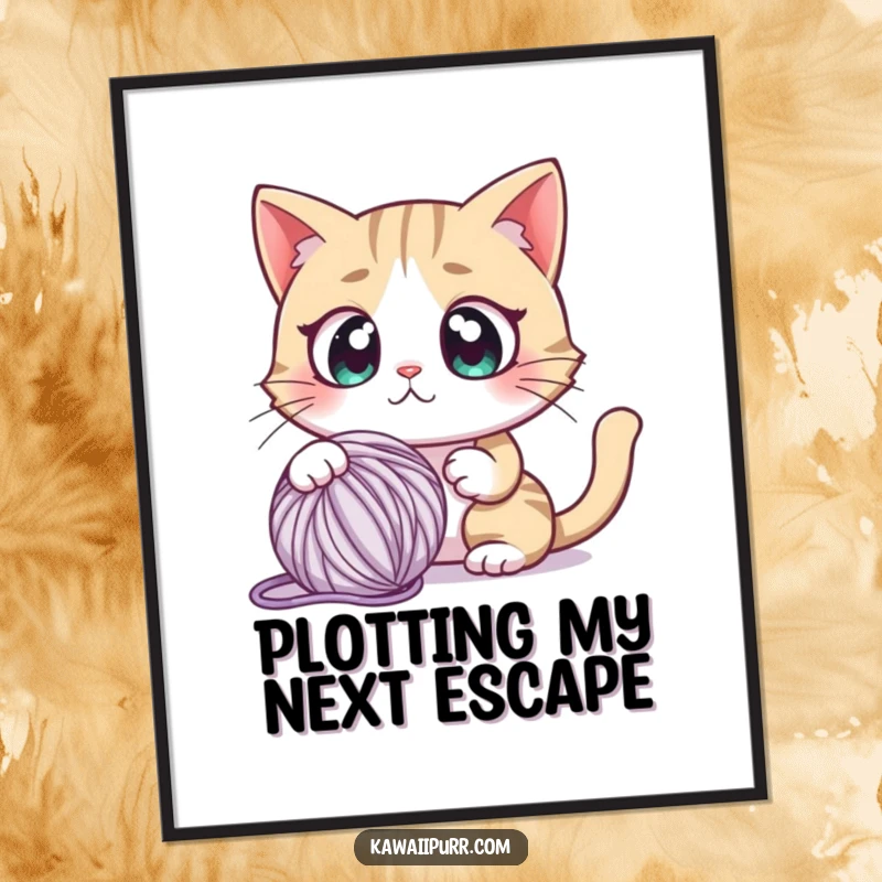 Funny poster print of a cartoon cat with comically wide, staring eyes, frozen in surprise by an approaching yarn ball.