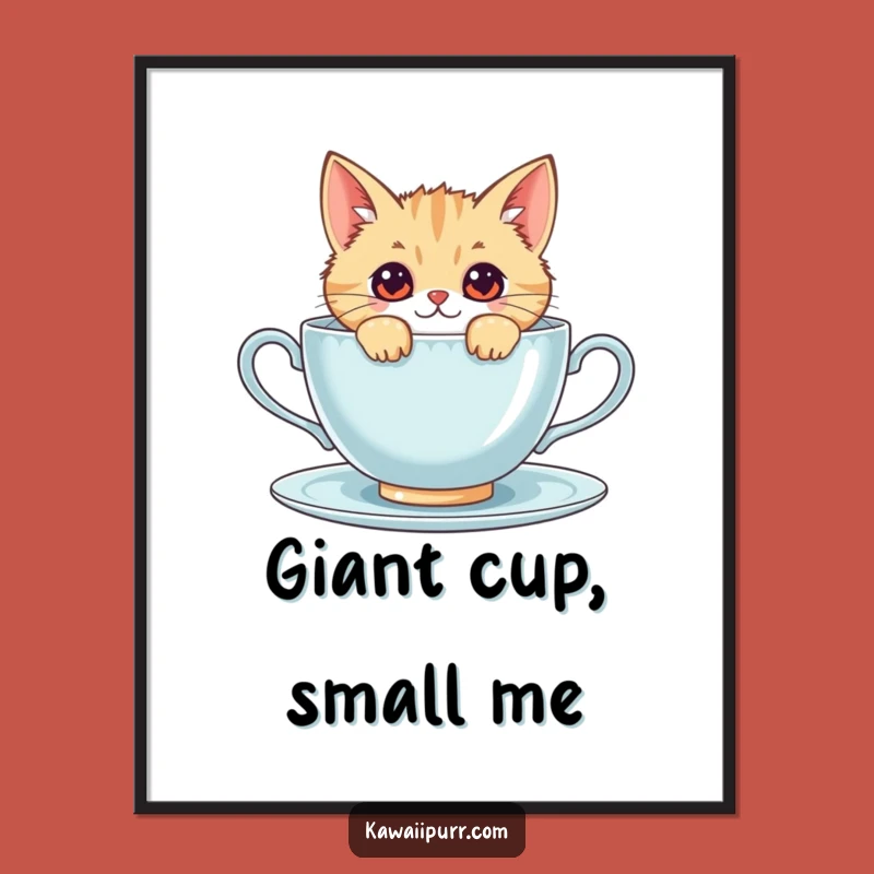 Funny Kawaii Cat Poster: Adorable Curious Teacup Cat Wall Art Gift