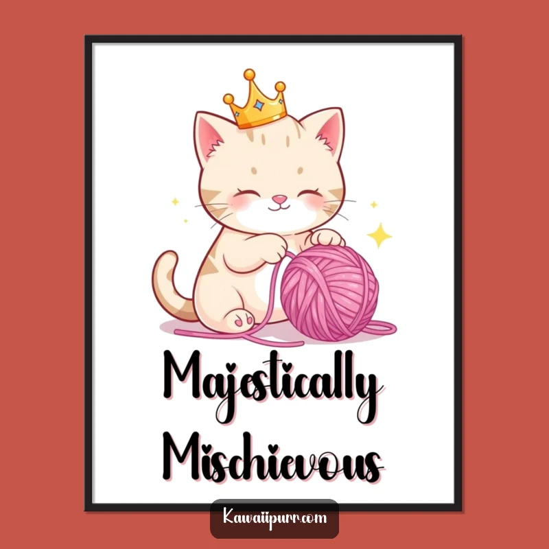 Playful Funny Crown Cat Yarn Poster, Royal Feline Art Print, Whimsical Funny Gift