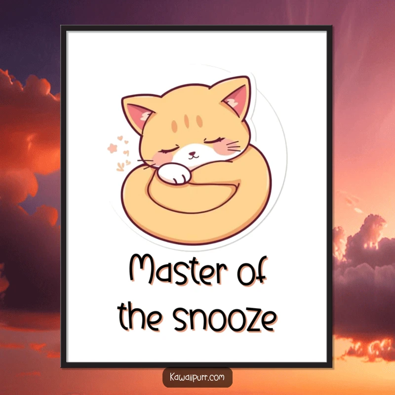 Funny sleepy cat curled into a circle with soft purr vibrations, depicted on a wall poster. Hilarious art gift.