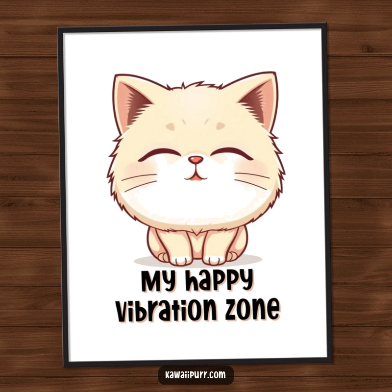 Funny fluffy cat poster displaying a character lost in blissful purring, eyes closed, with vibrating lines indicating happiness.