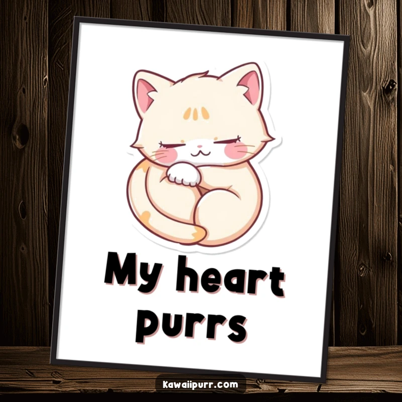 Funny poster art of a purring cat curled into a perfect heart, eyes closed blissfully, radiating cozy feline love.