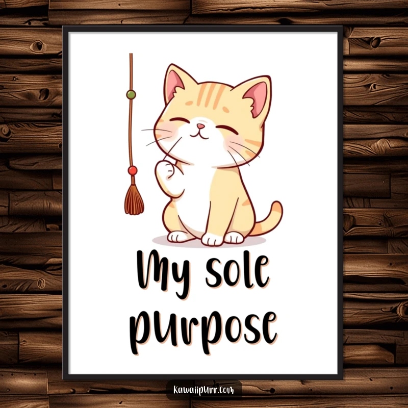 Funny kawaii cat batting a dangling string with great concentration, displayed as a poster.