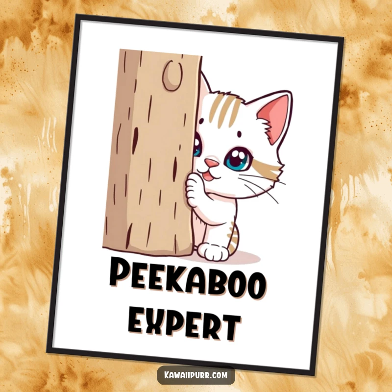 Funny Poster: A mischievous cat’s face peeks out from behind its scratching post, full of playful intent.
