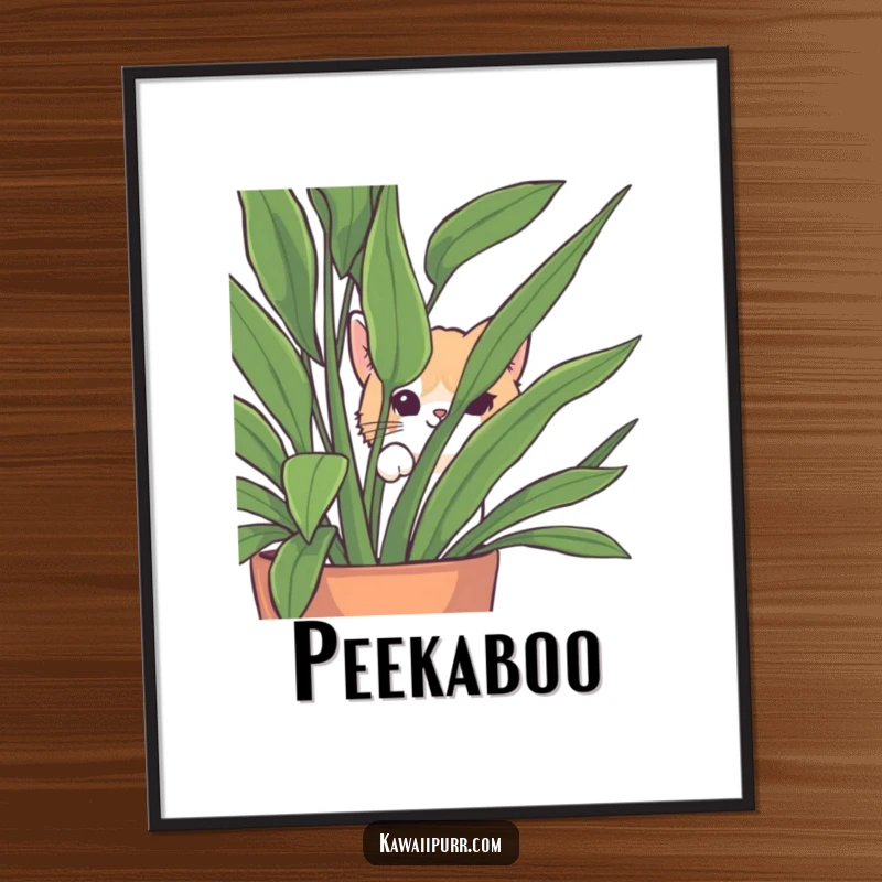 Funny Peek-a-Boo Cat Poster illustrating a curious cat character peeking playfully from behind a large, leafy houseplant.