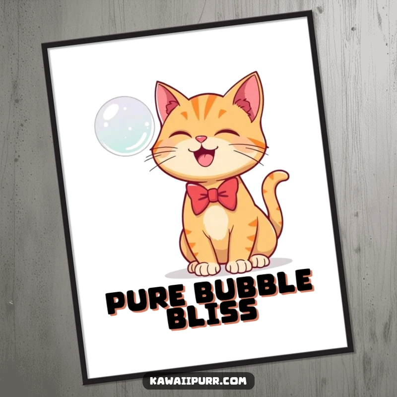 Funny poster print of a ginger cat wearing a bowtie, joyfully batting at a floating bubble.