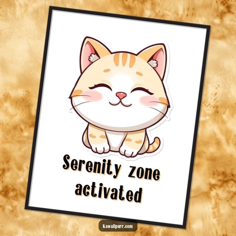 Funny poster of a smiling cat character, eyes closed and purring, radiating pure contentment and peace.