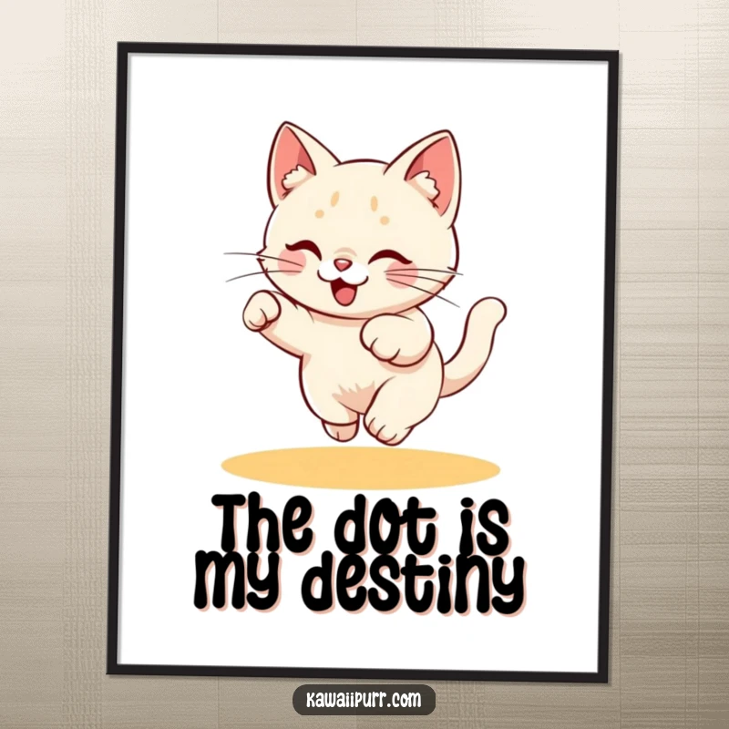 Funny Poster: Art print of a playful kitty character in an energetic chase after a bright laser pointer dot.