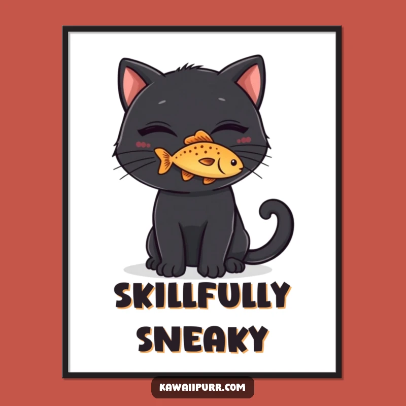 Whimsical Funny Black Cat Fish Poster, Mischievous Feline Art, Charming Funny Gift