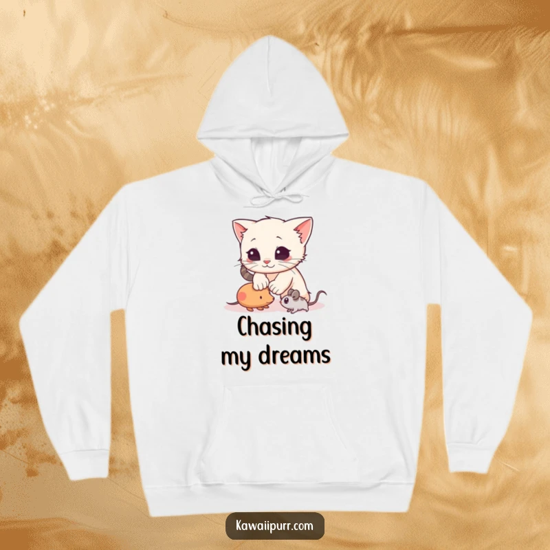 Funny Hoodie featuring a playful kitten character in a dynamic pounce towards a toy mouse, offering comfort and humorous energy.