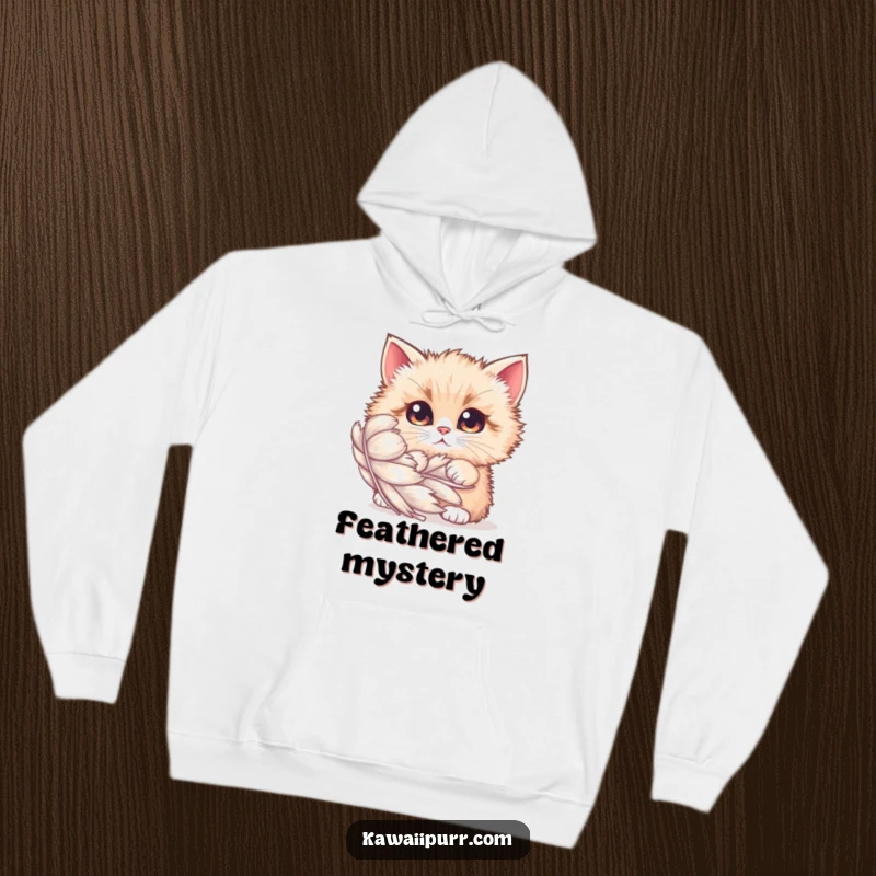 Funny Hoodie: A fluffy cat with wide, curious eyes peeking from behind a large, shimmering feather, capturing a moment of surprise.