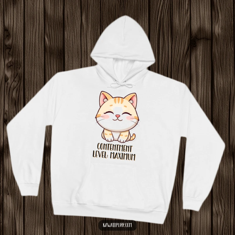 Funny hoodie featuring a content, smiling cat with eyes closed, purring, offering cozy warmth and peace.