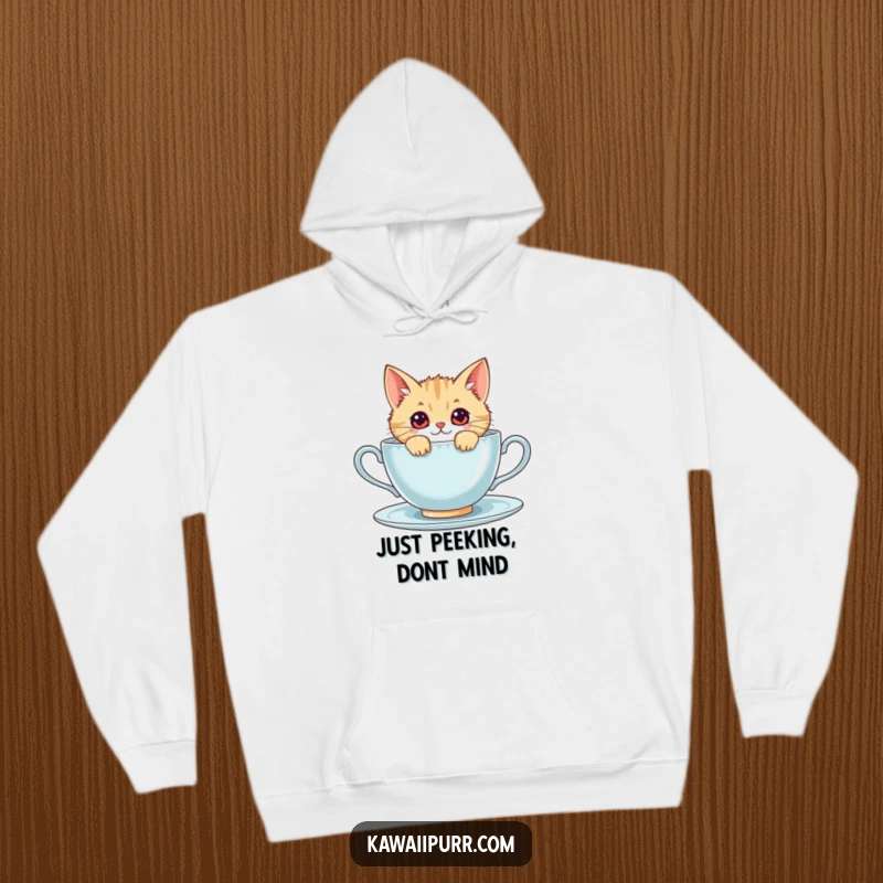 Funny kawaii cat peeking curiously from behind a giant teacup, designed for comfort and a touch of playful feline humor.