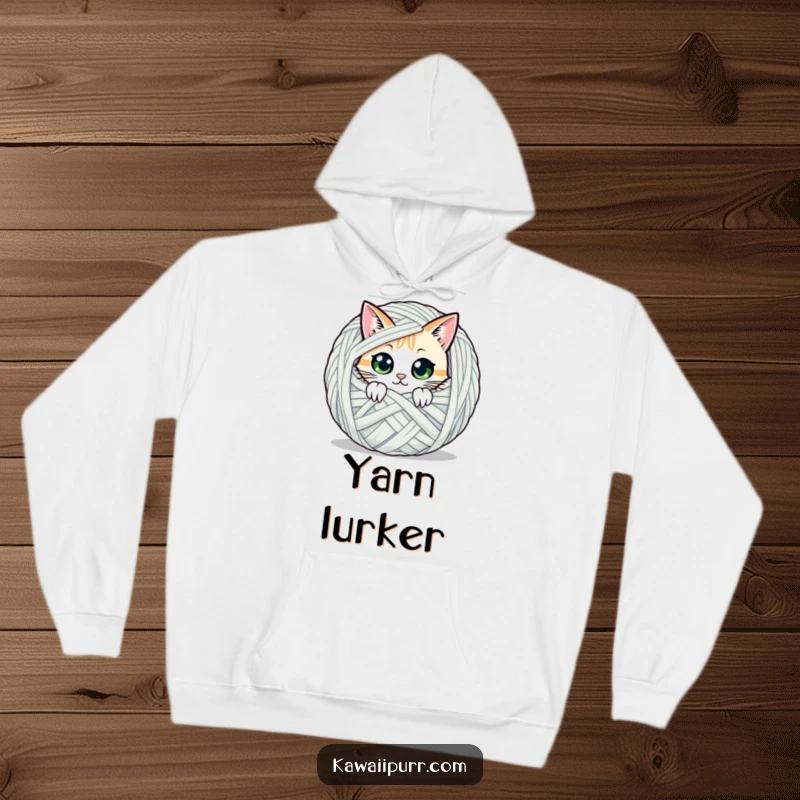 Funny hoodie with a cat character peeking out from behind a huge ball of yarn, radiating curiosity and cuteness.