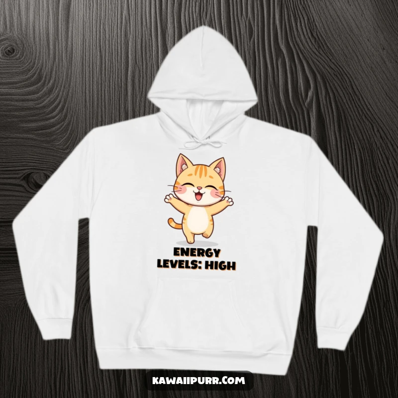Funny cat character performing an energetic and joyful hop, depicted on a soft and warm hoodie.
