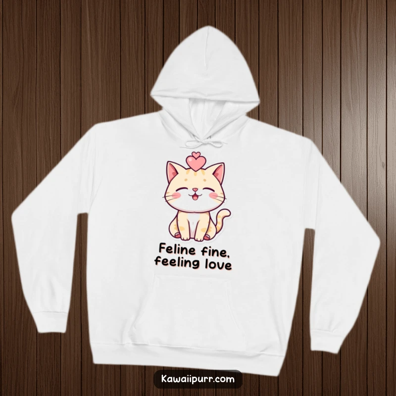Funny cat hoodie showing a purring cat with a heart above its head, designed for warmth and expressing love.