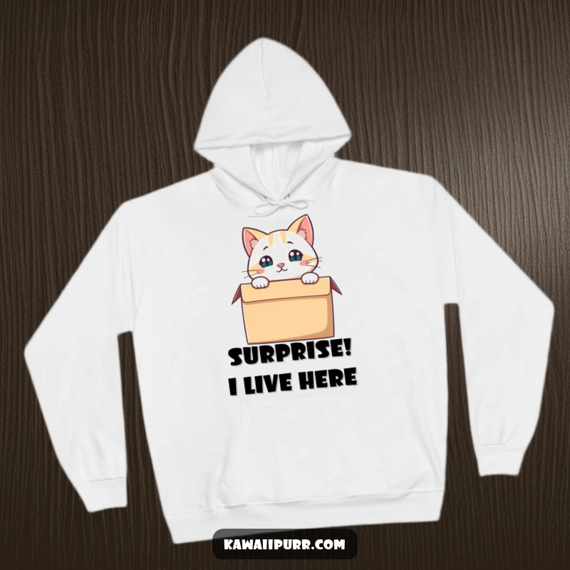Funny Cat Hoodie, a cat peeking curiously from a cardboard box, cozy and fun.