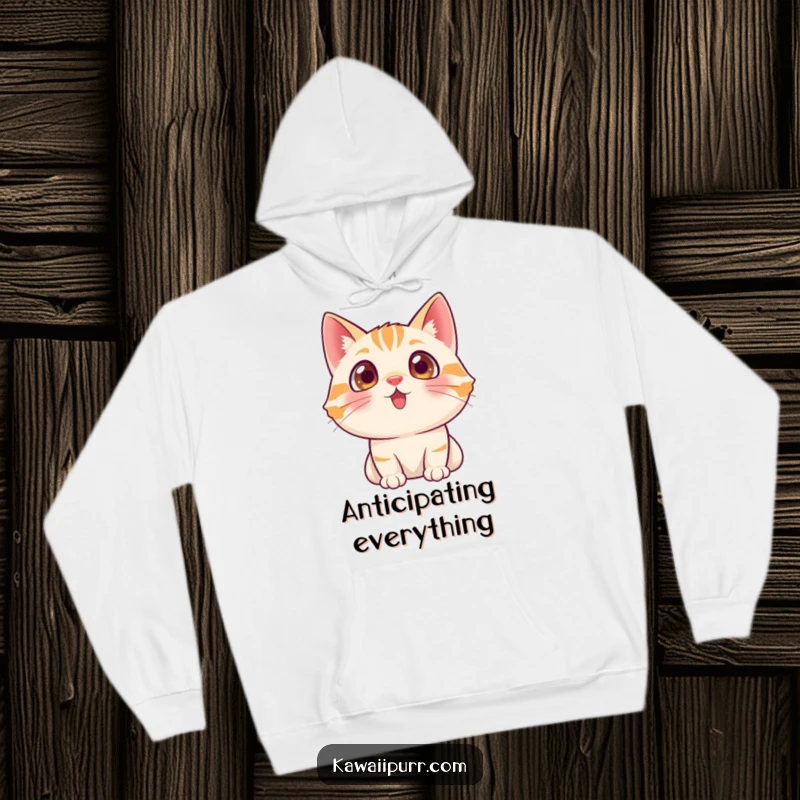 Funny cat character with wide, amazed eyes looking up, embodying curiosity on a soft hoodie.