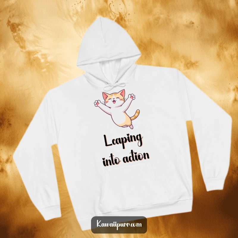 Funny Cat Leap Hoodie illustrating a lithe cat character captured mid-leap, paws extended gracefully, embodying athleticism and playful spirit.