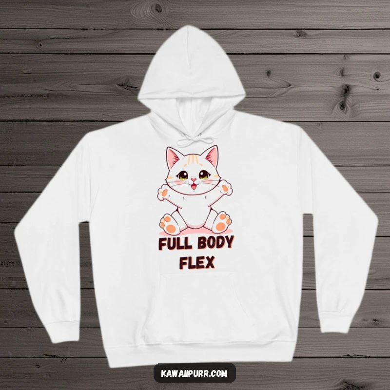 Funny Cat Hoodie, a cat doing a big stretch with its front paws spread wide, cozy and warm.