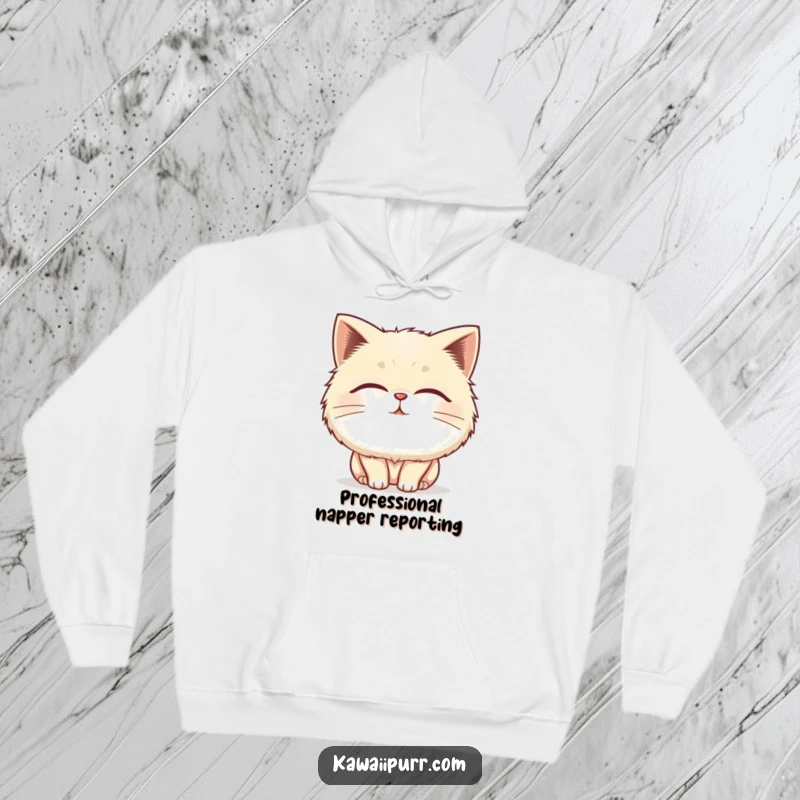 Funny fluffy cat hoodie depicting a character purring with closed eyes and vibrating lines, radiating ultimate contentment.