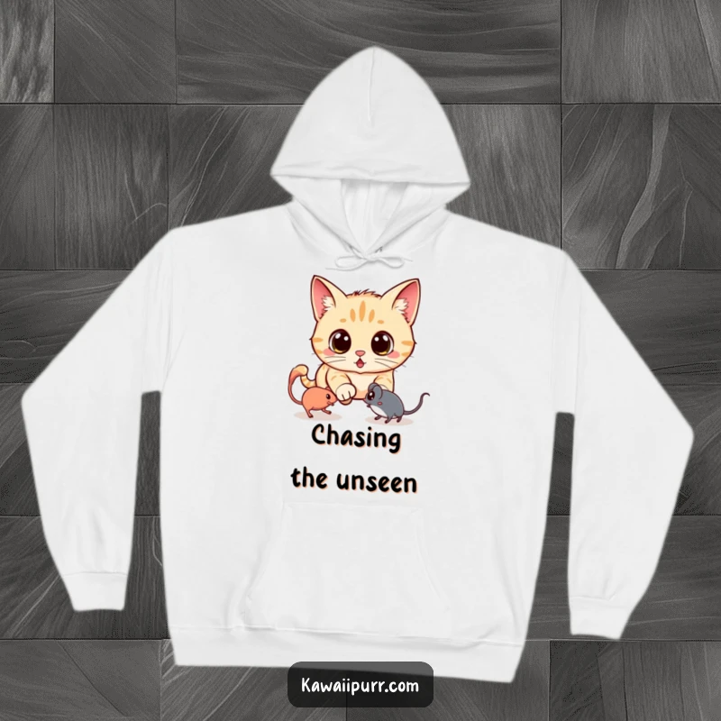 Funny hoodie showcasing a kawaii cat with comically wide eyes, chasing a glowing spectral mouse, perfect for cozy, humorous nights.