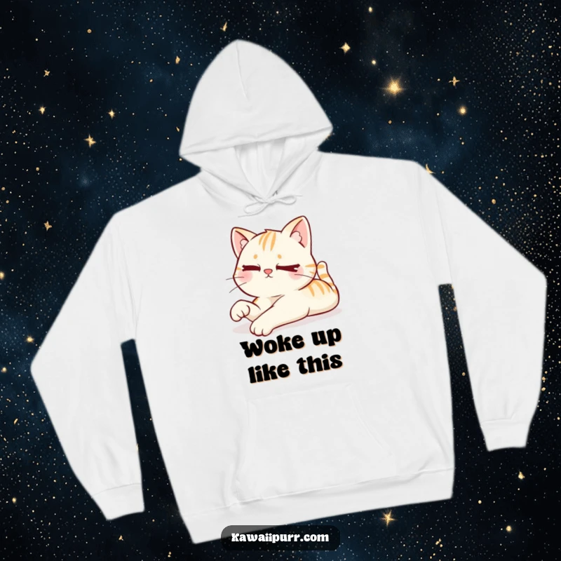 Funny hoodie showcasing a kawaii cat lazily stretching with a mischievous wink, embodying playful relaxation and cozy humor.