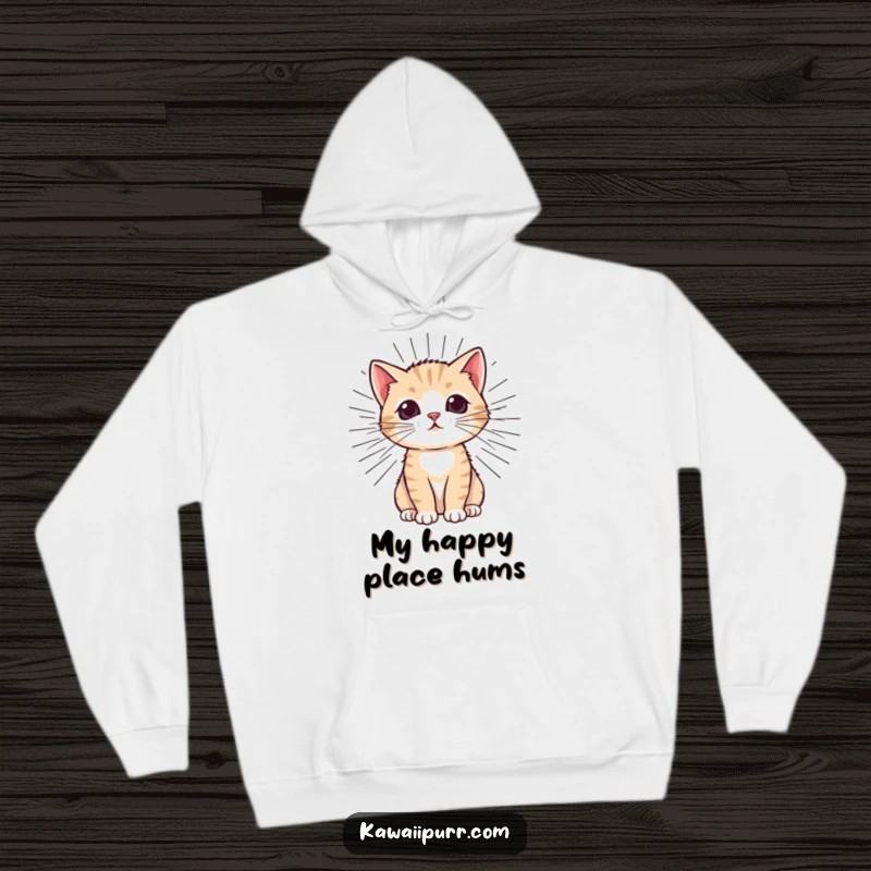 Funny Kitten Hoodie illustrating a happy cat with bold, outward-reaching purr lines, symbolizing immense happiness and cozy vibes.
