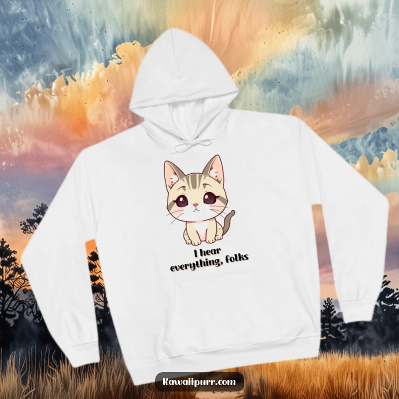 Funny hoodie featuring a cartoon cat character with its ears sharply tuned, showing intense focus and attentiveness.