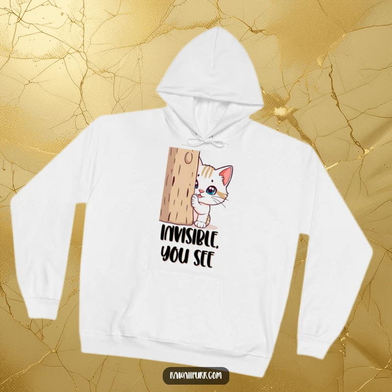 Funny Hoodie: A stealthy, mischievous cat with paws tucked peeks from behind a scratching post, ready for fun.