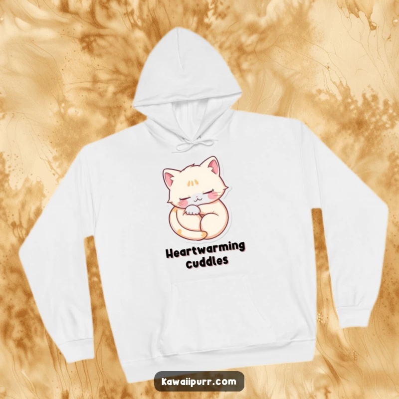 Funny hoodie with a blissful purring cat forming a heart shape, eyes closed, symbolizing cozy love and feline contentment.