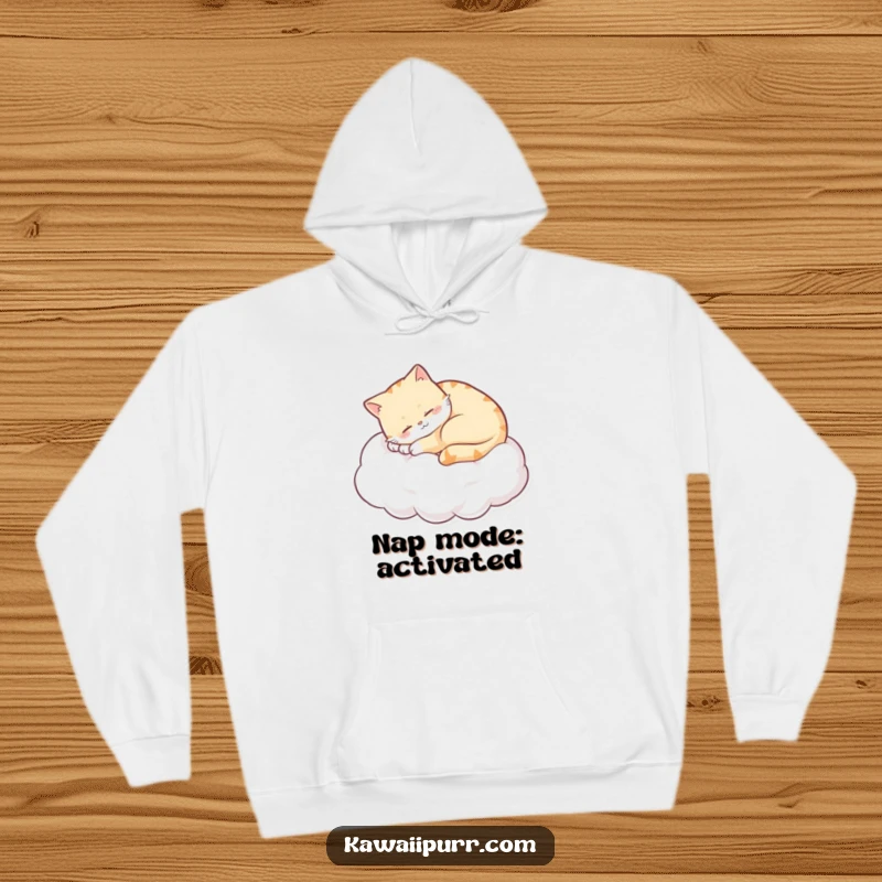 Funny sleepy cat curled on a cloud, purring with a content smile, on a warm hoodie. A humorous and ultra-cozy apparel choice.