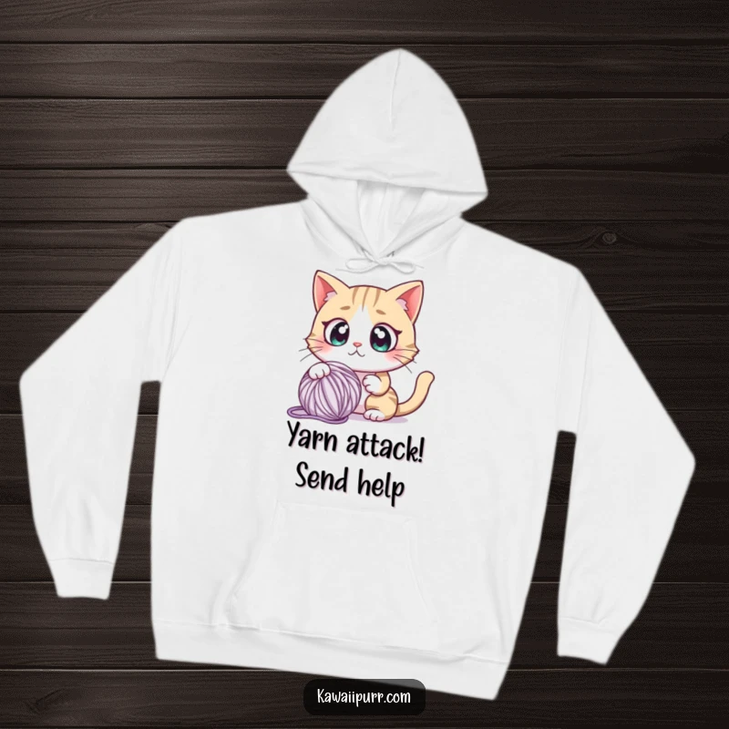Funny hoodie featuring a cartoon cat character with comically wide eyes, looking absolutely startled by a nearby, large yarn ball.