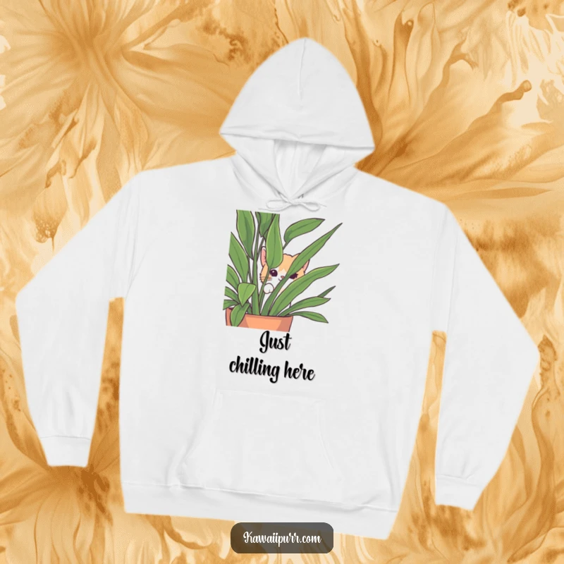 Funny Peek-a-Boo Cat Hoodie with a cute cat character playfully emerging from behind a dense houseplant.