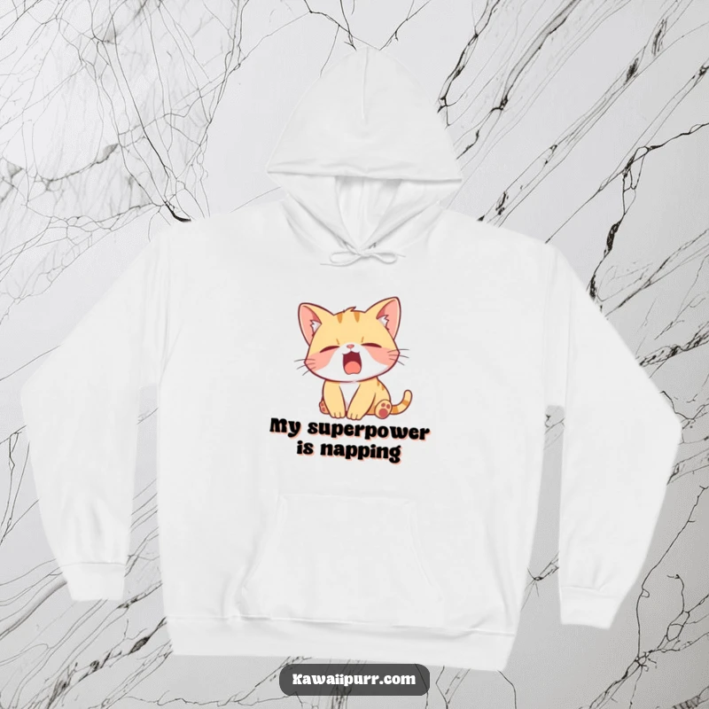 Funny Hoodie depicting a sleepy kitten character performing a huge yawn while stretching, offering ultimate comfort and a humorous touch.