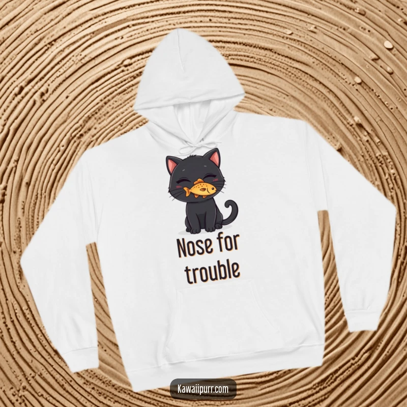 Funny Hoodie: A black cat with a mischievous grin balancing a tiny fish on its nose, perfect for cozying up.