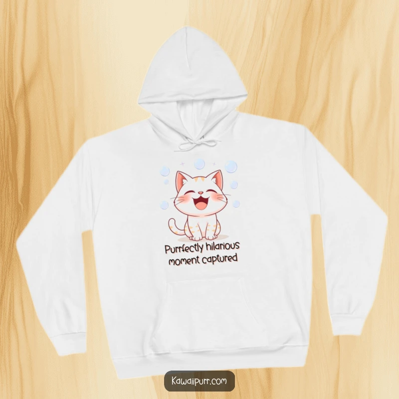 Funny hoodie featuring a cartoon cat character roaring with laughter, with effervescent bubbles escaping its mouth in a delightful display.