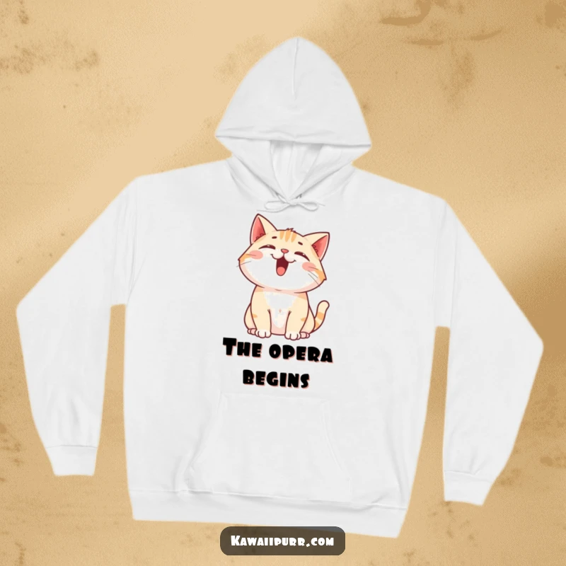 Funny Cat Hoodie: A warm hoodie featuring a cartoon cat happily meowing upwards, mouth open, ears alert and forward.