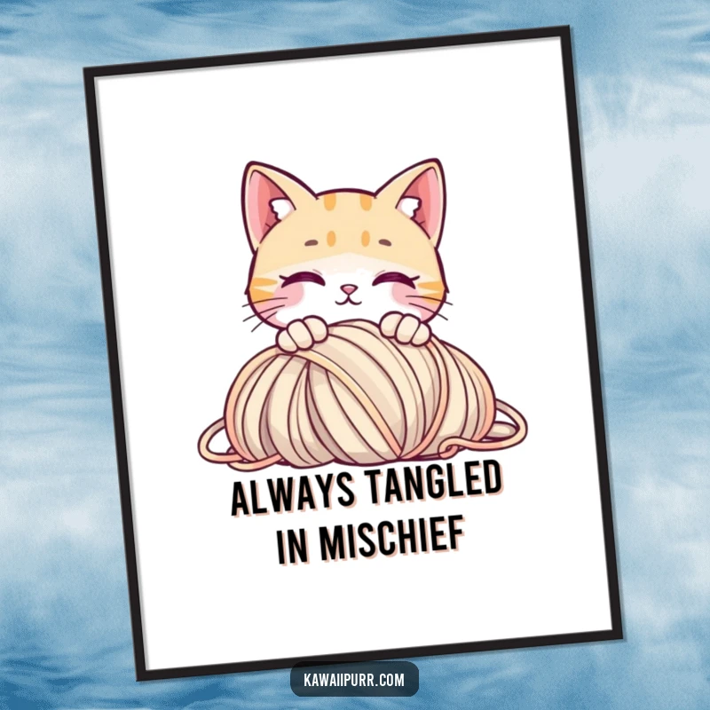 Funny Free Printable Wall Art: A curious cat peeking over a large pile of yarn, bringing playful vibes.