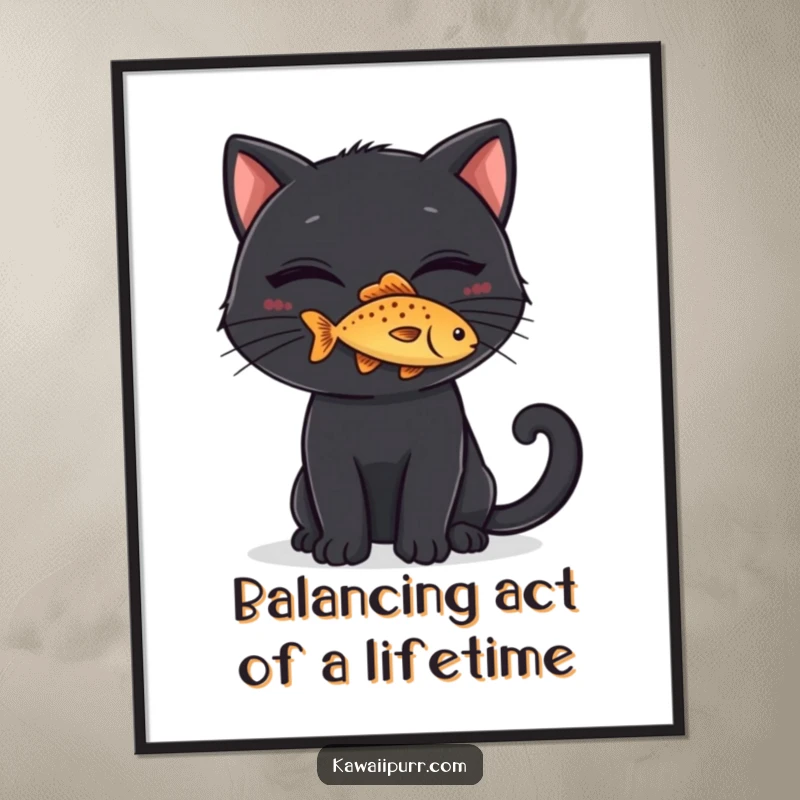 Funny Free Printable Wall Art: A black cat with a mischievous grin is balancing a tiny fish on its nose.