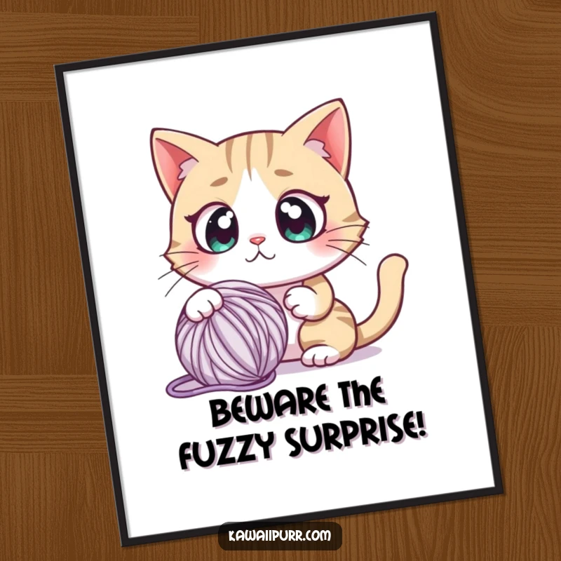 Funny Free Printable Wall Art: A cat character with comically wide eyes, startled by a runaway yarn ball.