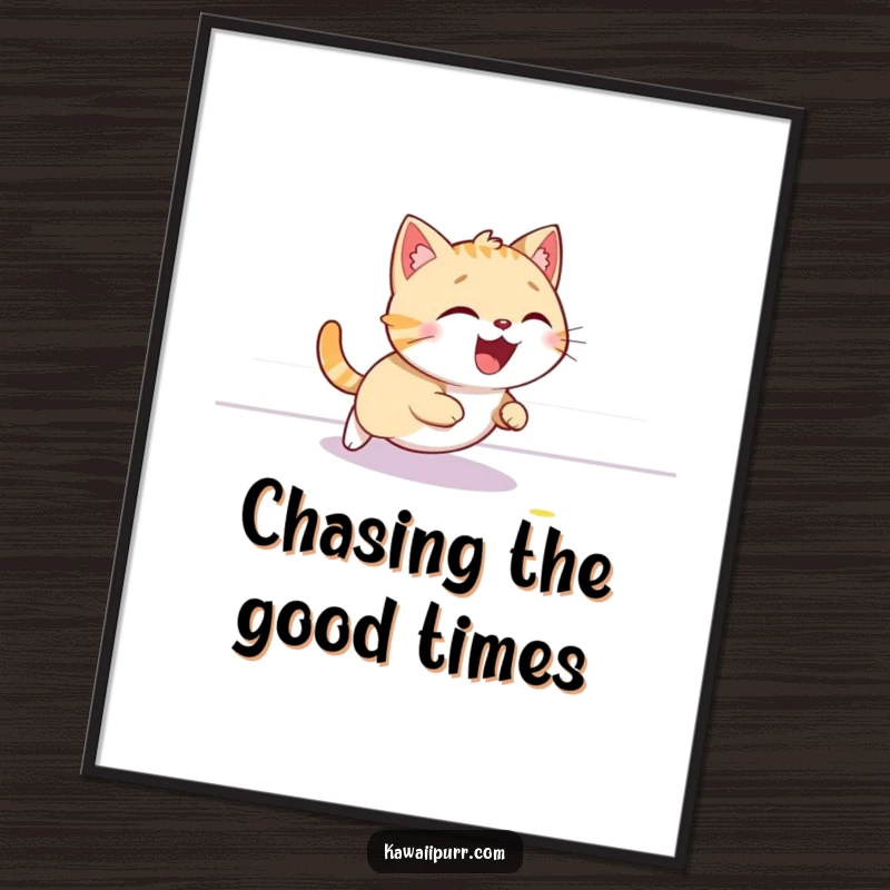 Funny Free Printable Wall Art: Cat giggling with wide eyes while chasing a red laser dot across the floor, a humorous depiction of pursuit.