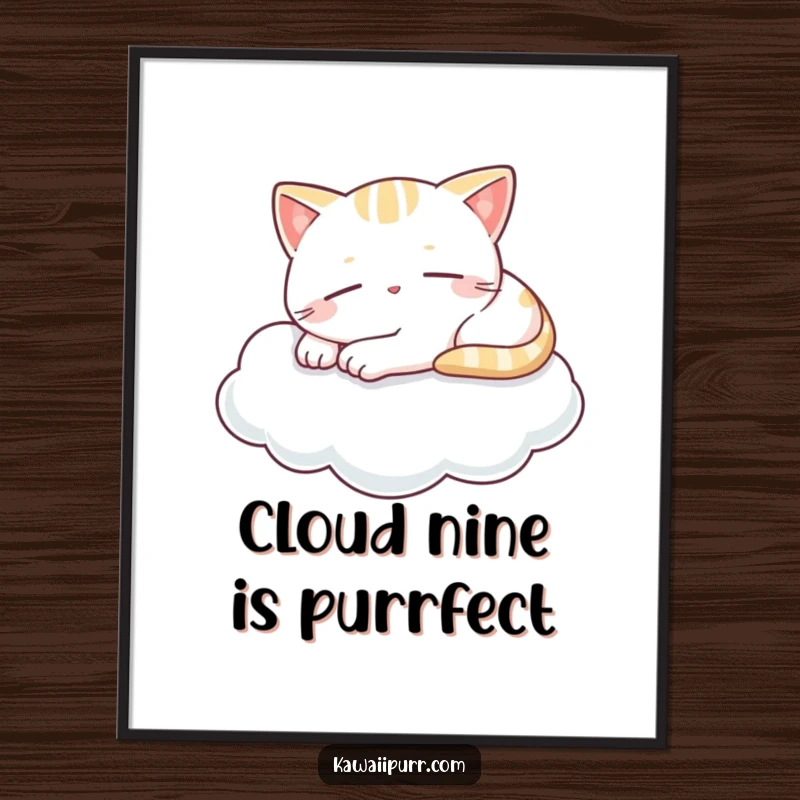 Funny Free Printable Wall Art: A Kawaii cat enjoys a blissful nap on a fluffy cloud, wearing a tiny smile.